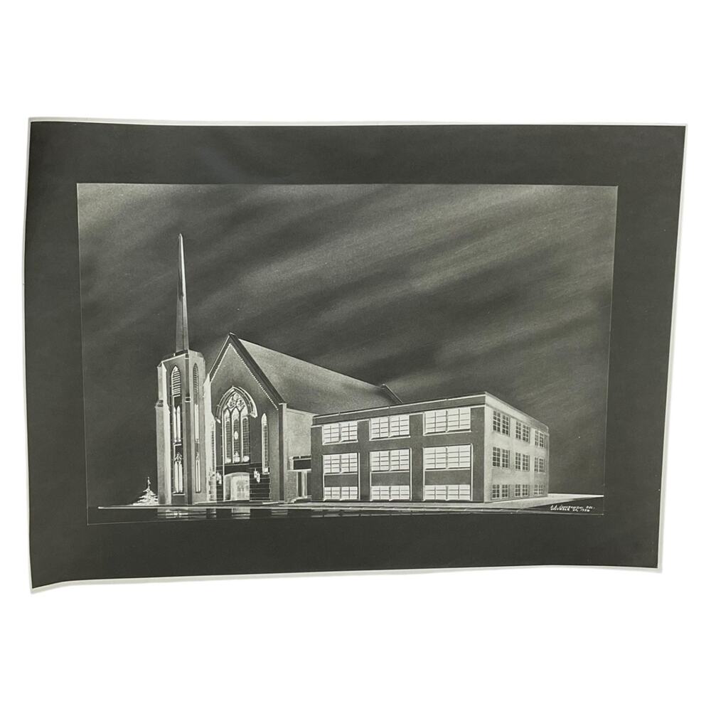 1956 Architectural Rendering‎ Church School Building Drawing Mid-Century Signed